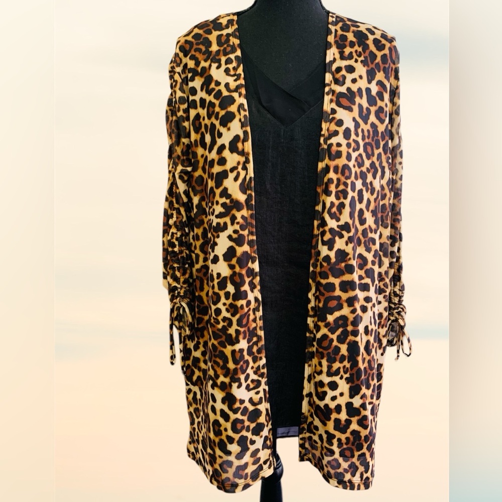 Alkamy Leopard Print Open Cardigan Ruched Sleeve Size S Oversized